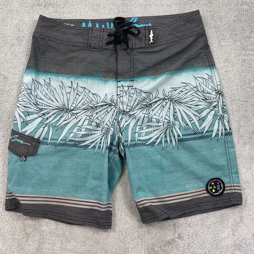 Maui And Sons Hawaiian Board Shorts Mens 32 Gray Green Tropical Stretch